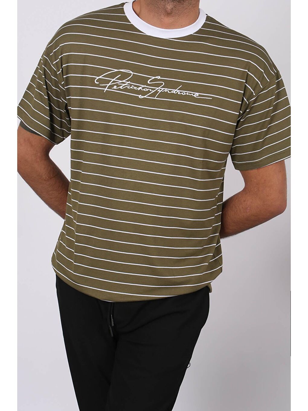 Erkek Çizgili Haki Tişört 5801-2