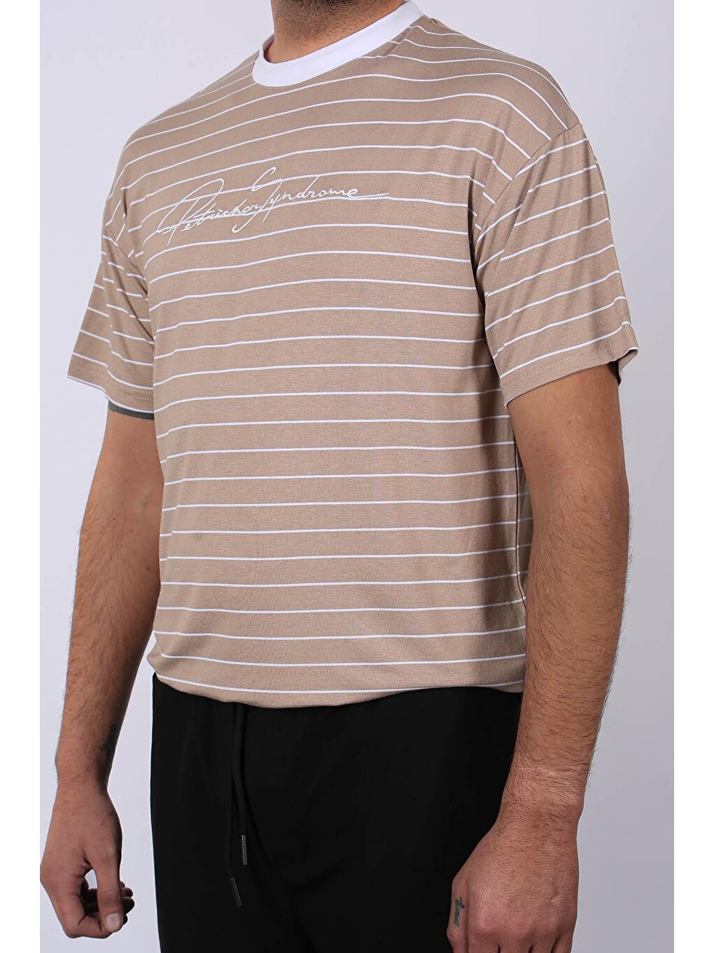 Erkek Çizgili Bej Tişört 5801-1
