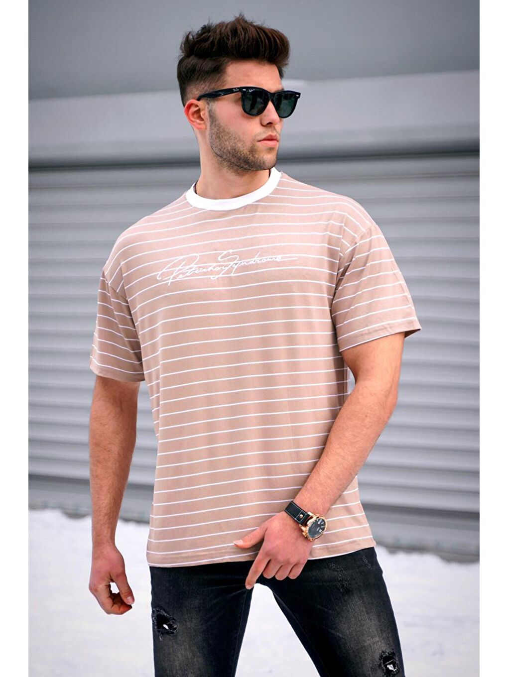 Erkek Çizgili Bej Tişört 5801-2