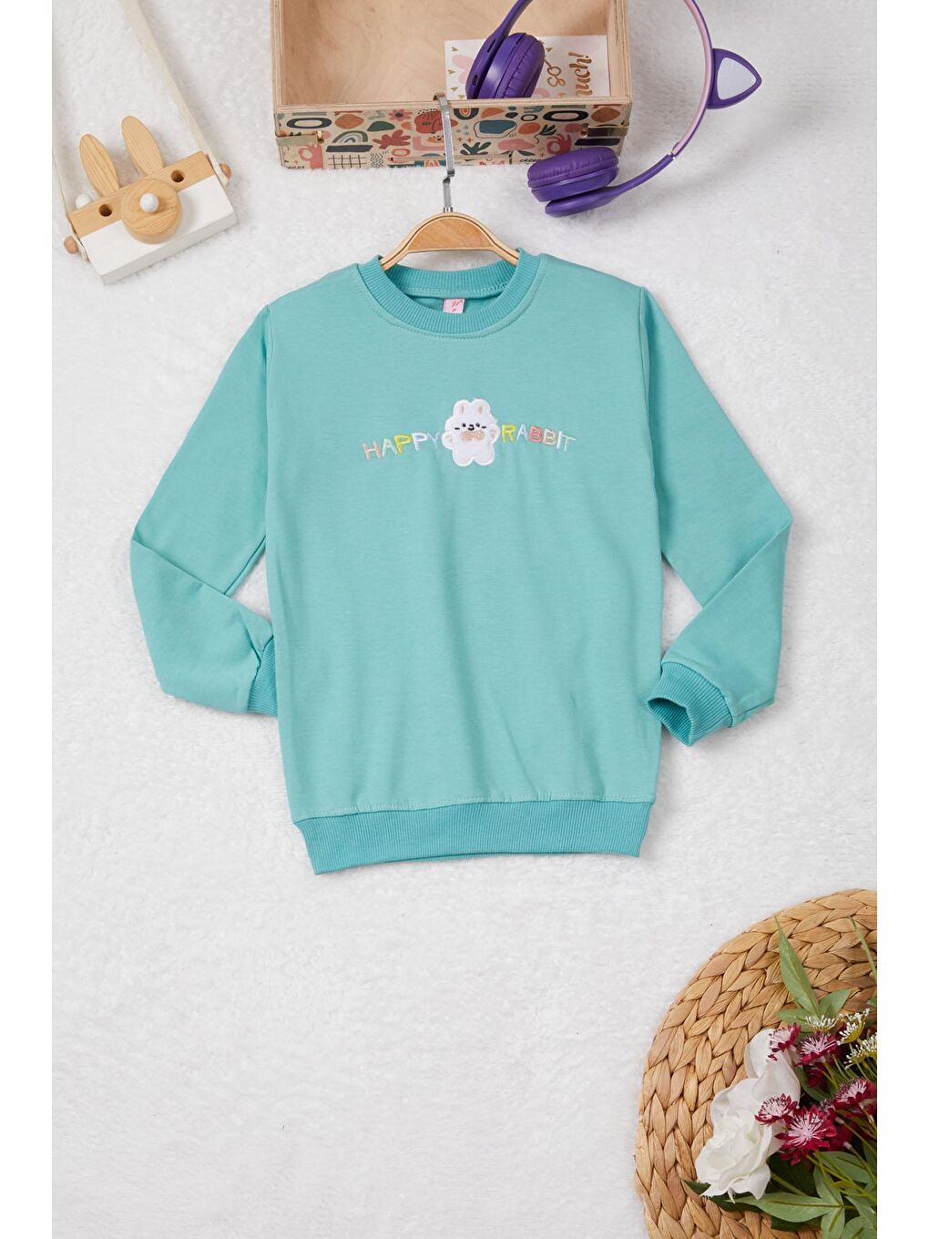 Pembe Life Kids Club Yeşil Tavşan Nakışlı Yazılı Kız Çocuk Sweatshirt 16948