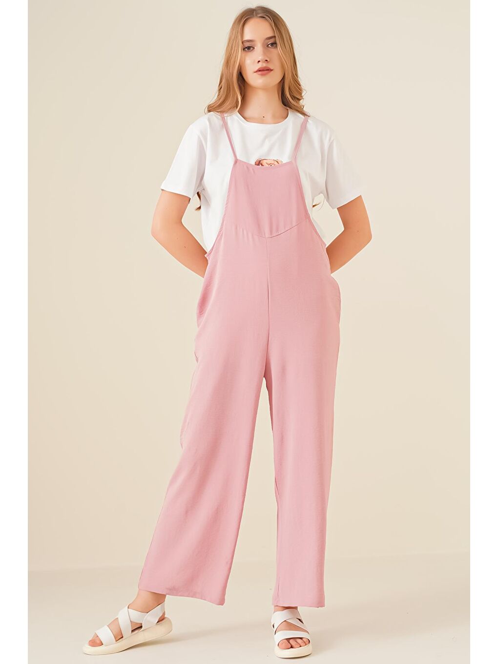 Pembe 7019 Askılı Bahçivan Tulum - Pudra-1