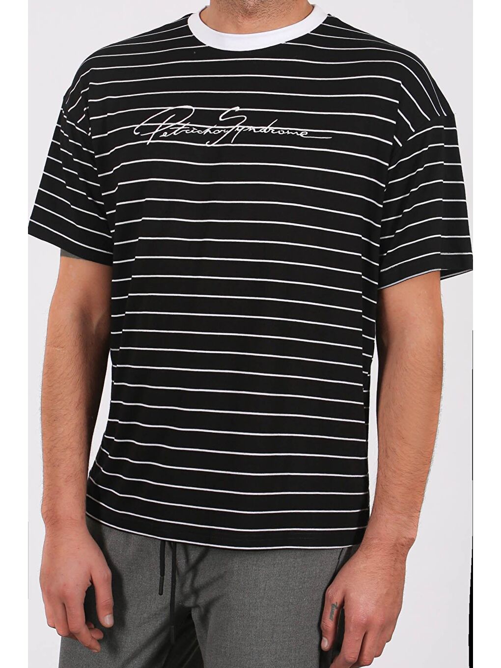 Erkek Çizgili Siyah Tişört 5801-1