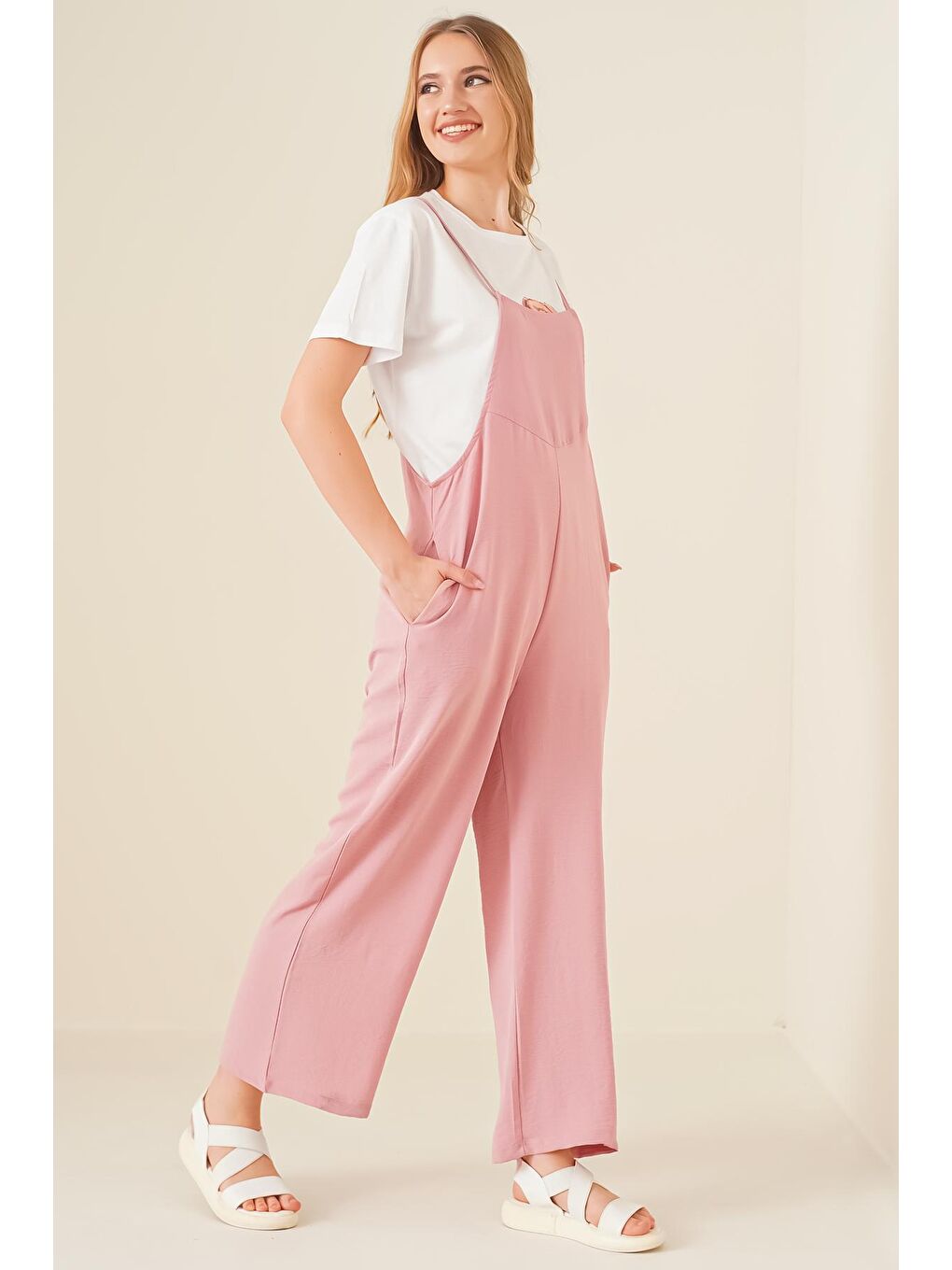 Pembe 7019 Askılı Bahçivan Tulum - Pudra-2