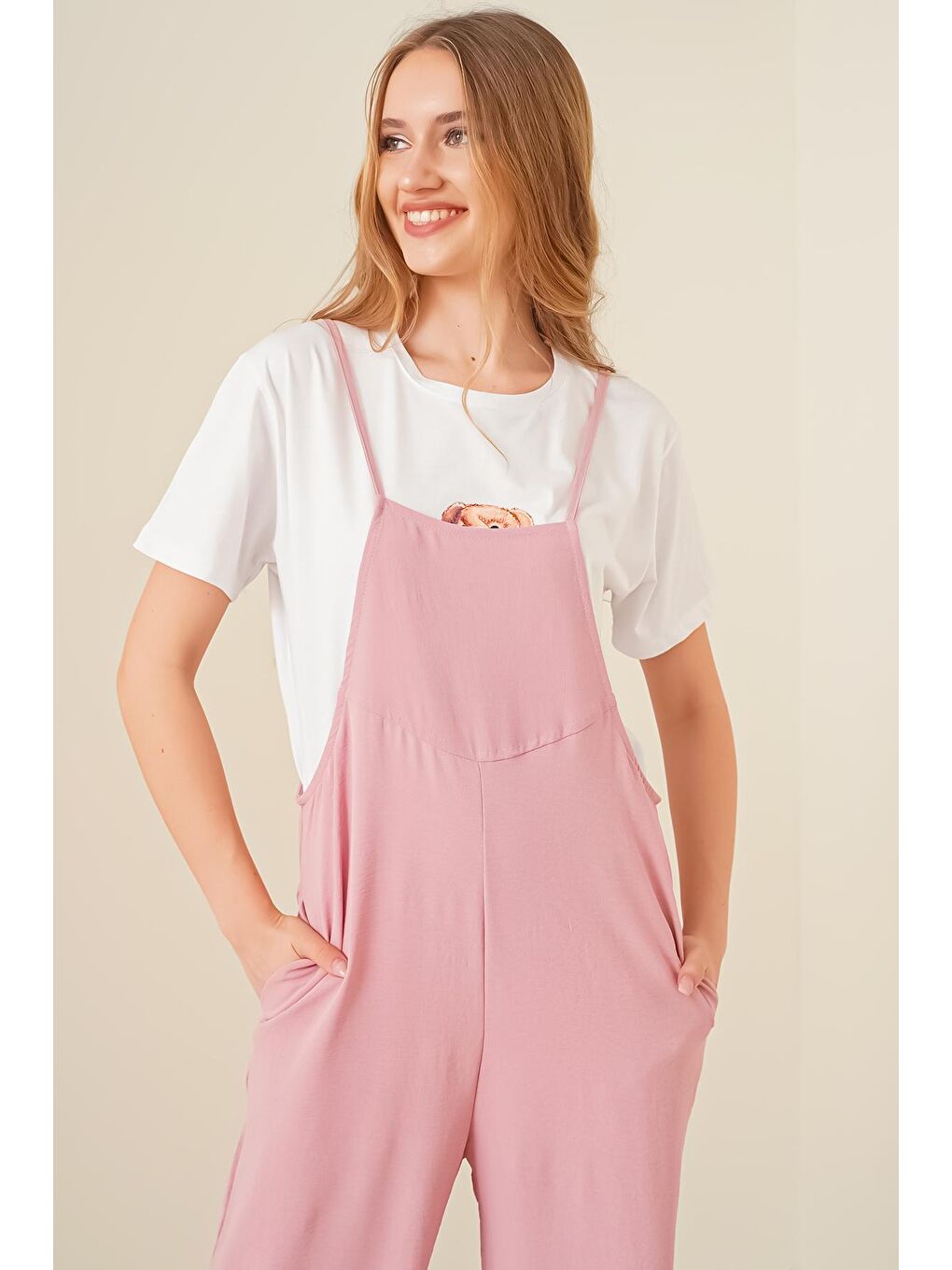 Pembe 7019 Askılı Bahçivan Tulum - Pudra-3