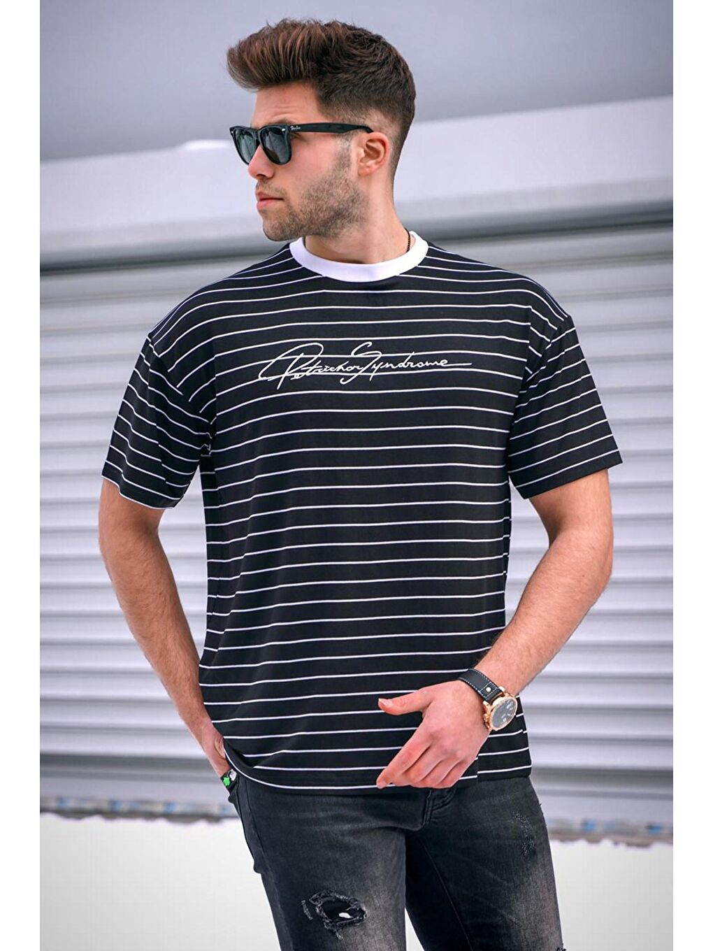 Erkek Çizgili Siyah Tişört 5801-2
