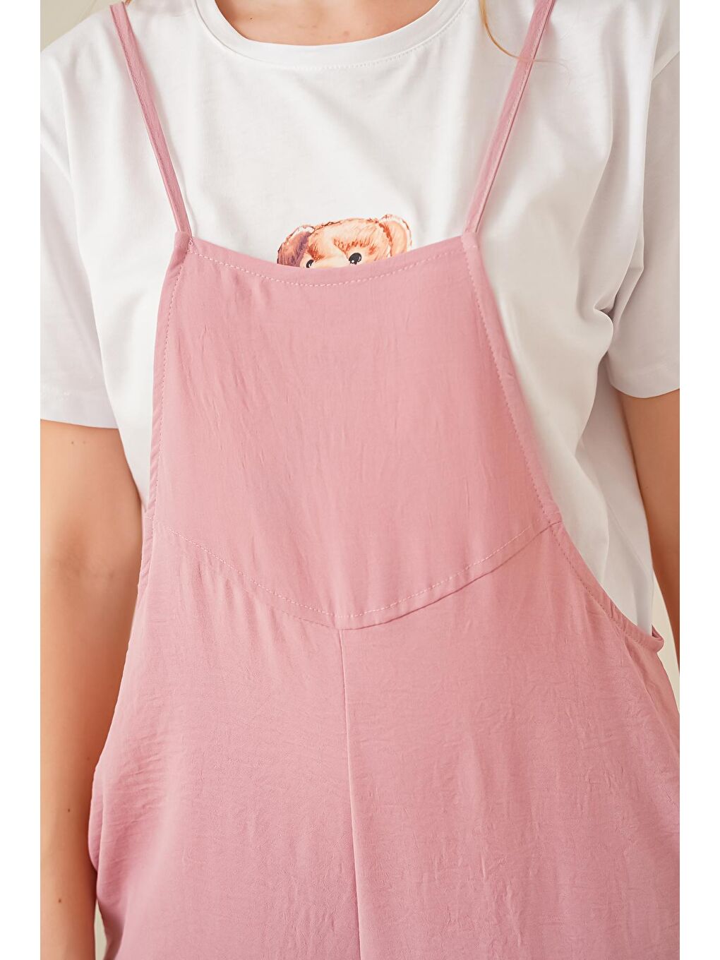 Pembe 7019 Askılı Bahçivan Tulum - Pudra-4