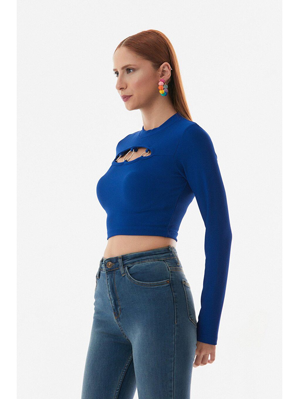 Mavi Fitilli Halka Detaylı Crop Bluz-1