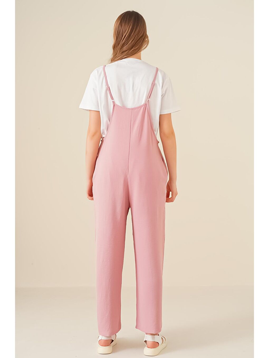 Pembe 7019 Askılı Bahçivan Tulum - Pudra-5