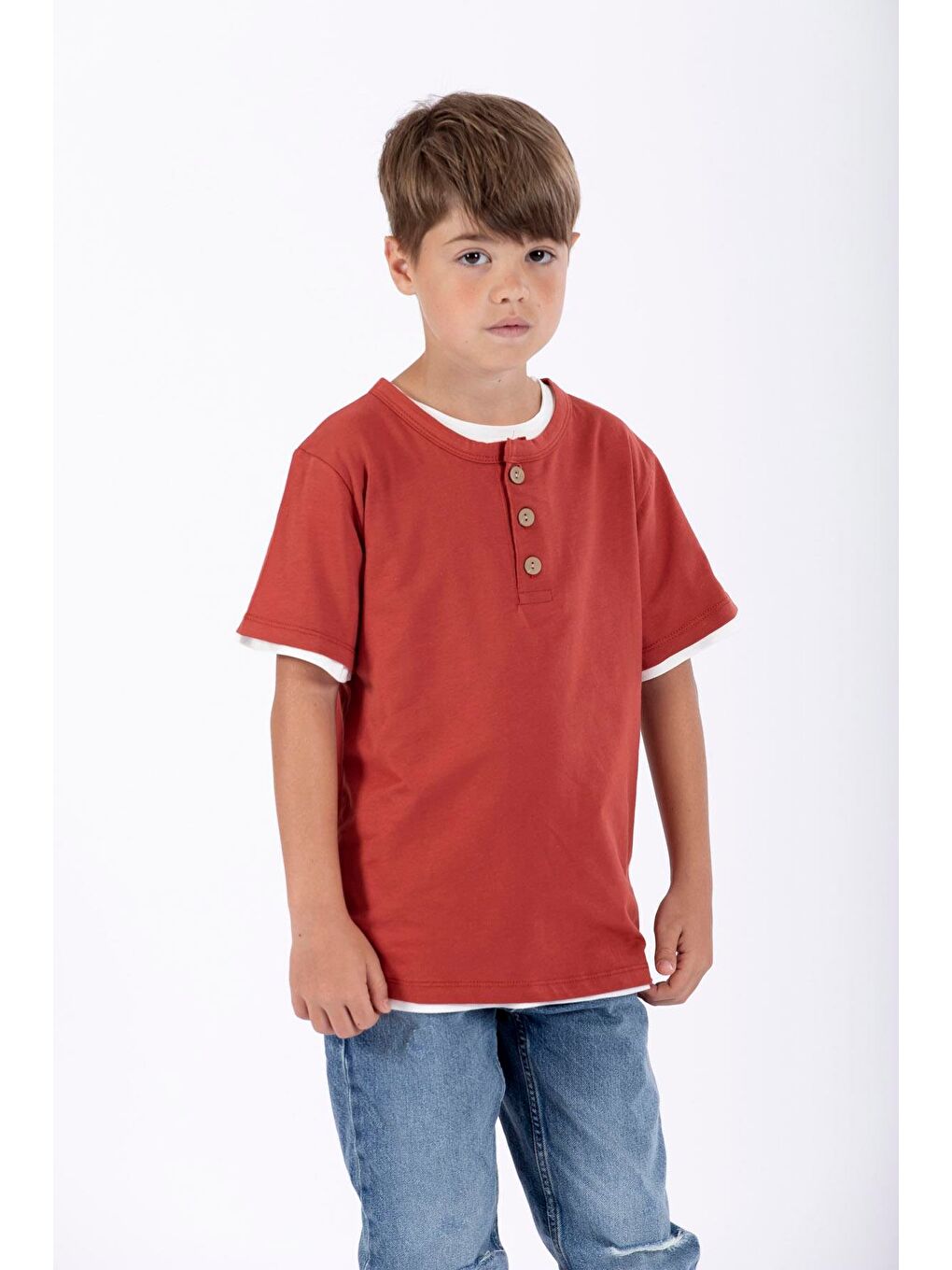 Gri Patlı Düğmeli Erkek Çocuk Tişört-4