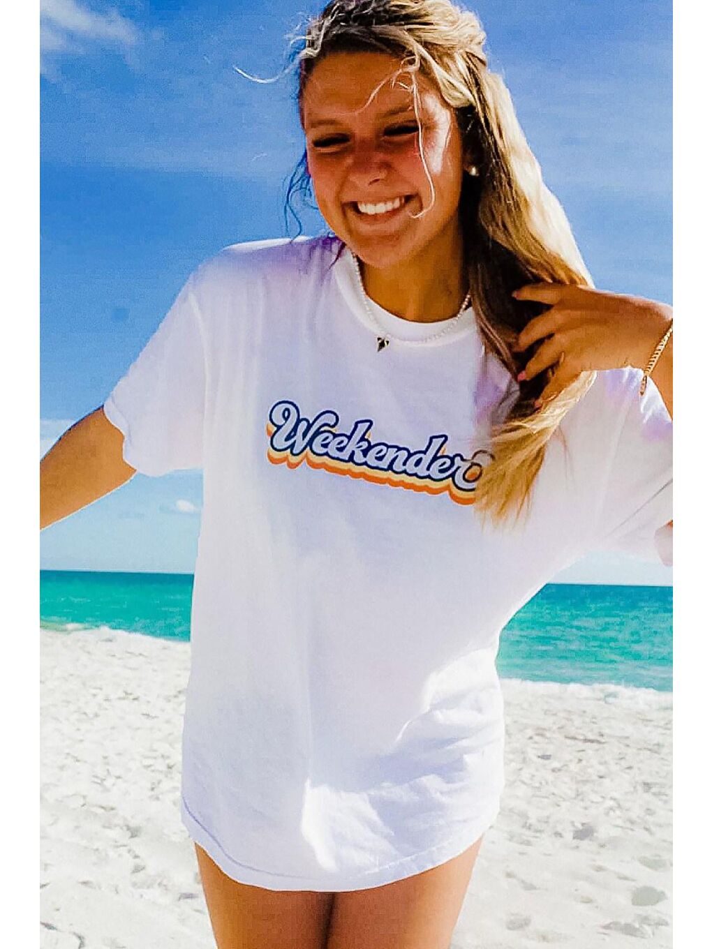 Beyaz Baskılı Oversize Yuvarlak Yaka Kadın Tişört-4