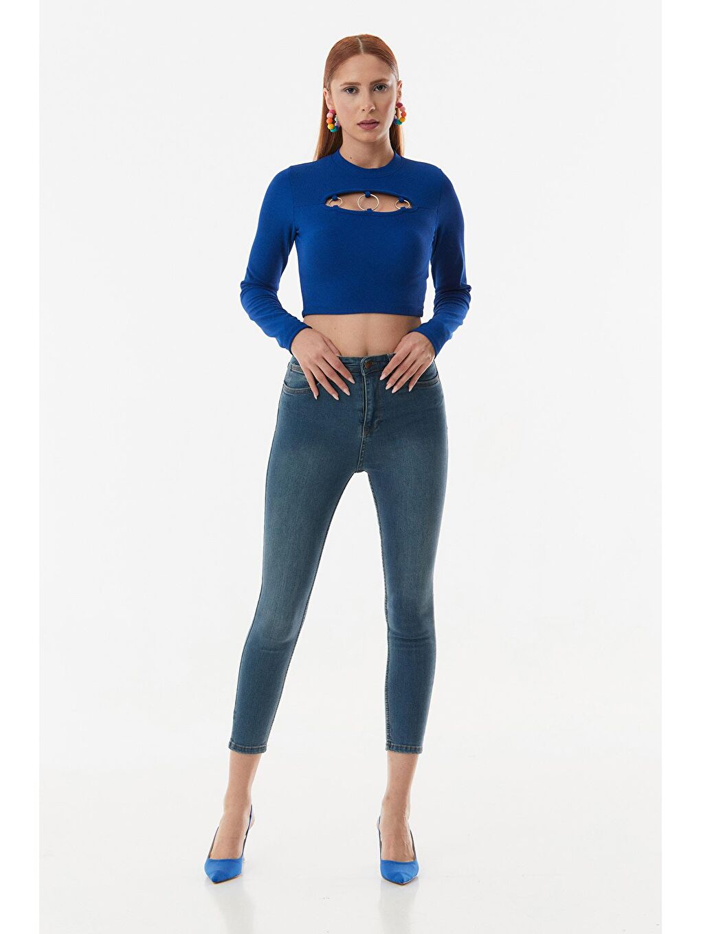 Mavi Fitilli Halka Detaylı Crop Bluz-4