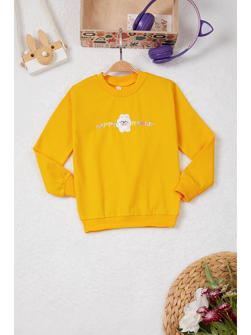 Sarı Tavşan Nakışlı Yazılı Kız Çocuk Sweatshirt 16949