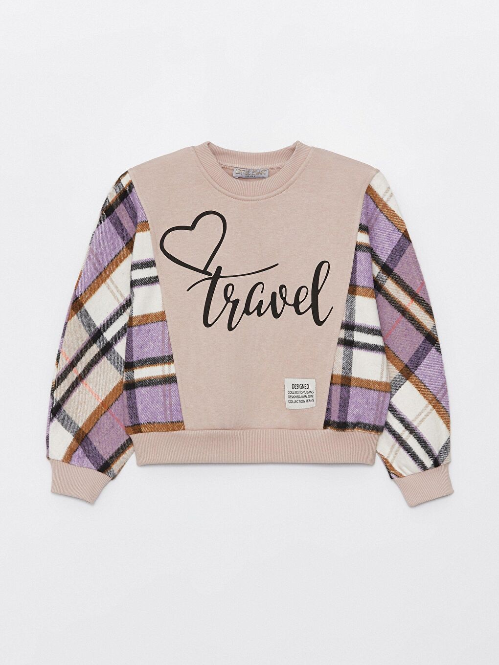 Bej Kız Çocuk Ekose Travel Kalpli SweatShirt
