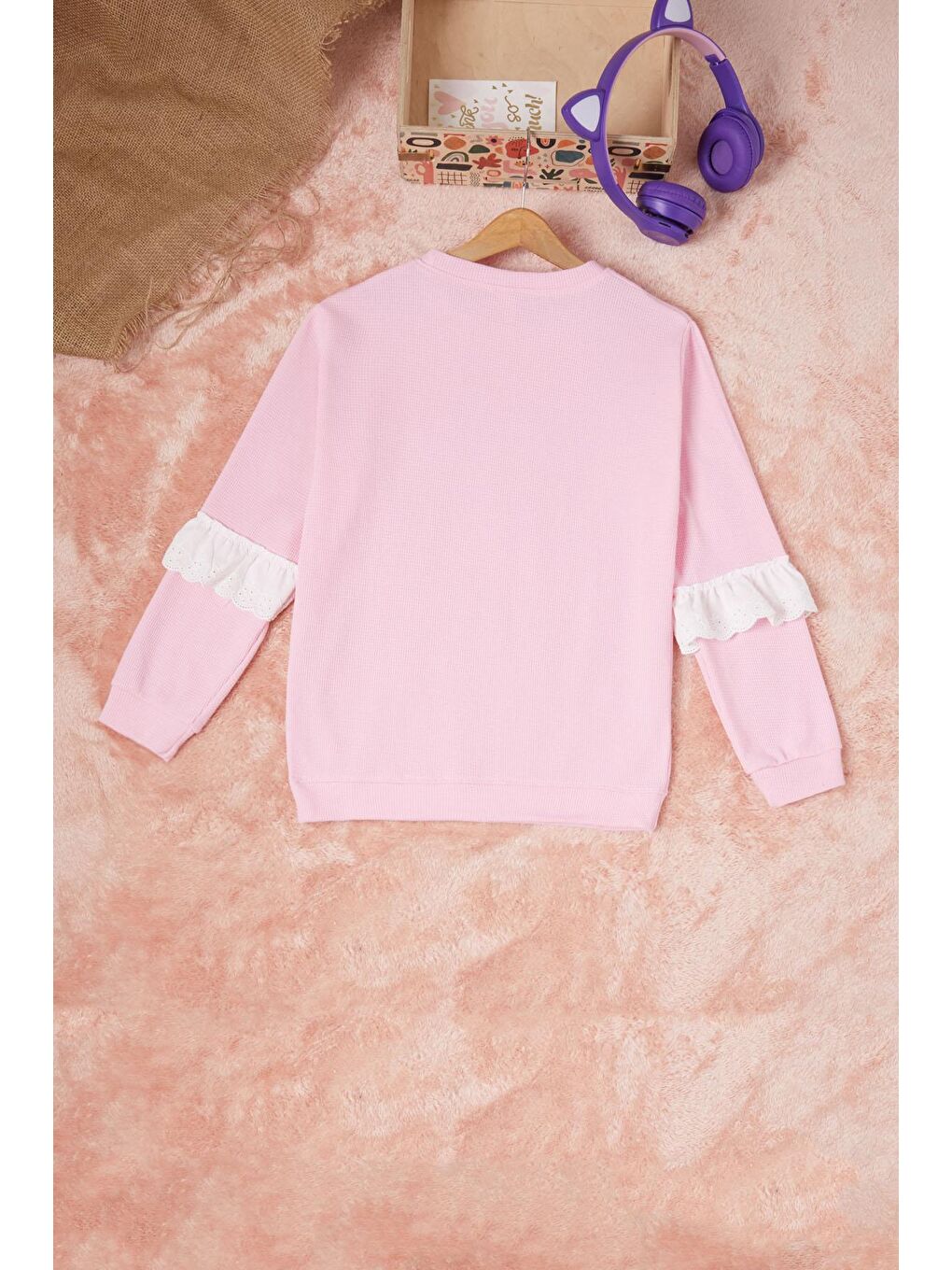 Pembe Smile Nakışlı Kız Çocuk Waffle Sweatshirt 16592-4