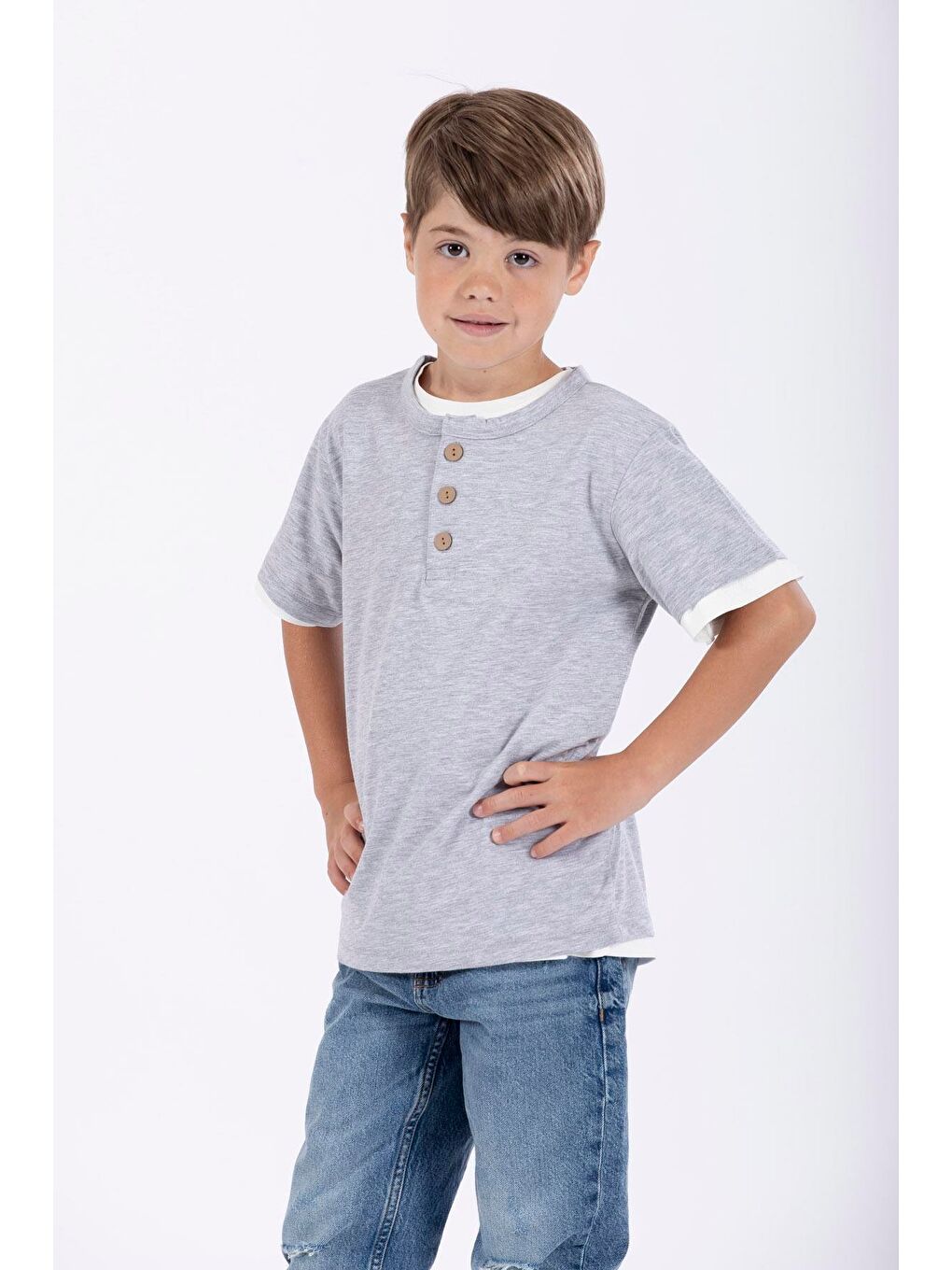 Gri Patlı Düğmeli Erkek Çocuk Tişört