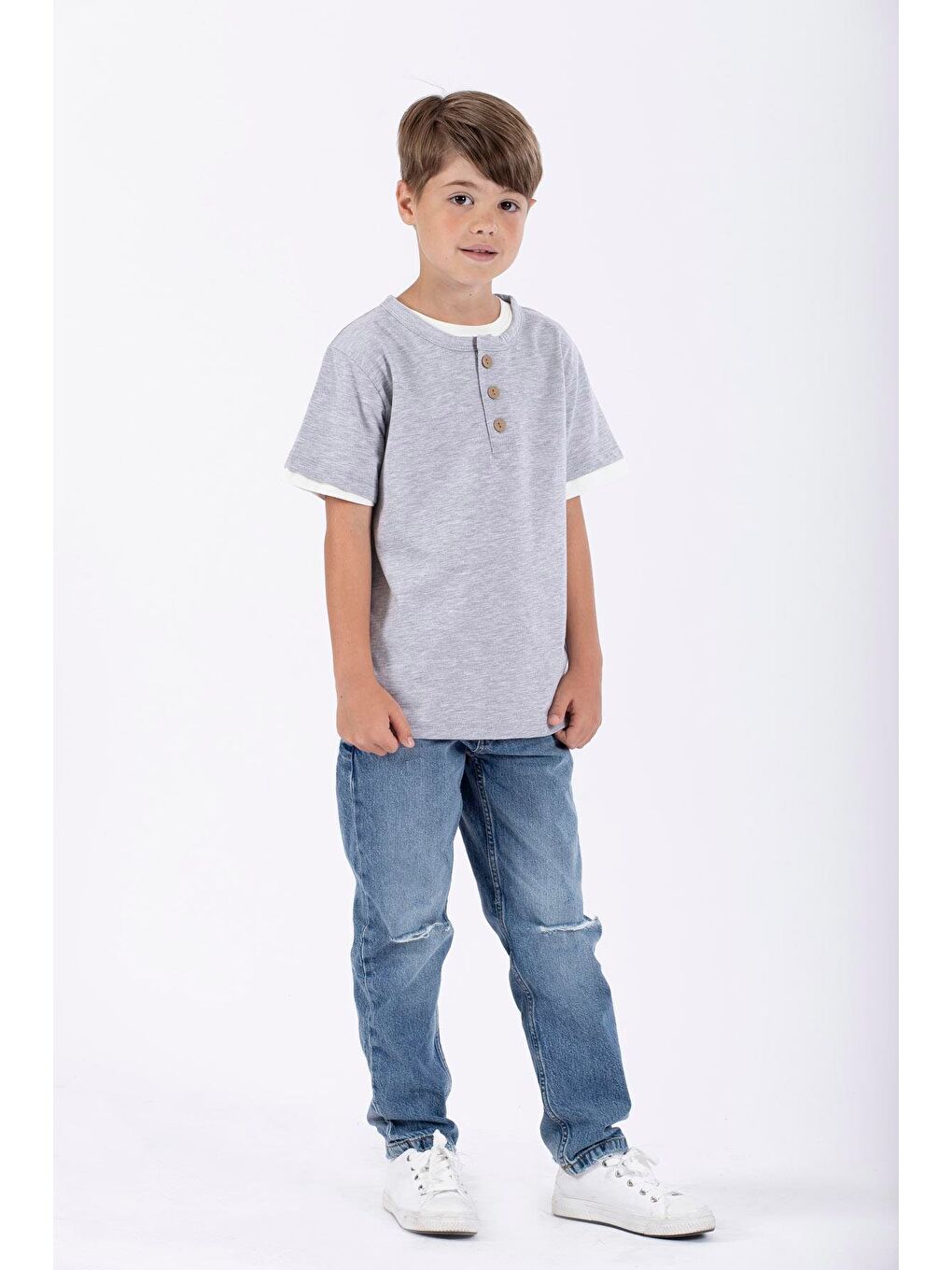 Gri Patlı Düğmeli Erkek Çocuk Tişört-5