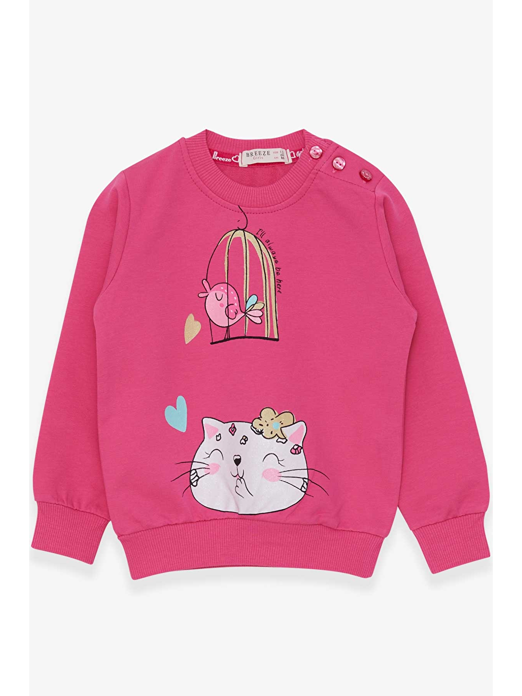 Breeze Pembe Kız Bebek Sweatshirt Simli Kedicik Baskılı Pembe (1.5 Yaş)