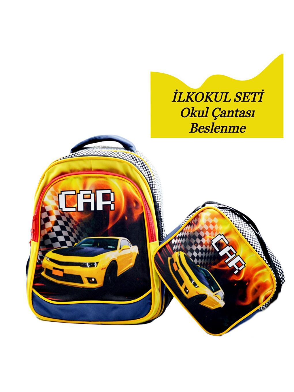 3 Bölmeli İlkokul Okul Sırt Çantası Ve Beslenme Çantası Car Sarı