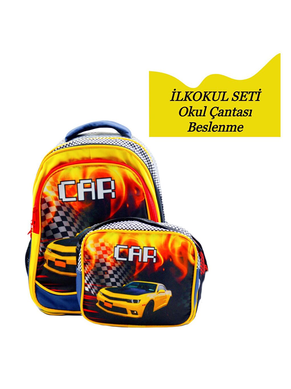 3 Bölmeli İlkokul Okul Sırt Çantası Ve Beslenme Çantası Car Sarı-1