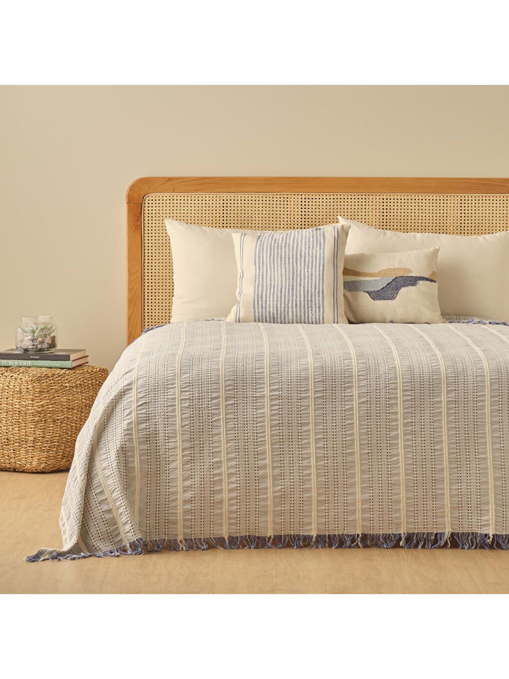 %100 Pamuk Marina Tek Kişilik Yatak Örtüsü Mavi