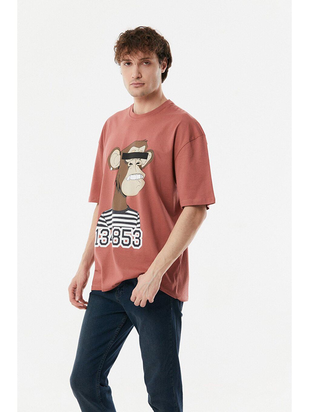 Pembe Baskılı Bisiklet Yaka Oversize Tişört