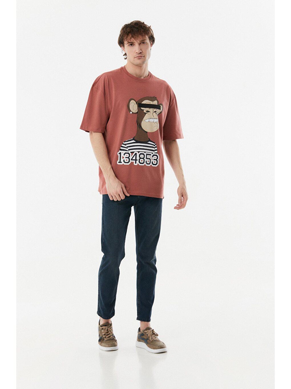 Pembe Baskılı Bisiklet Yaka Oversize Tişört-1