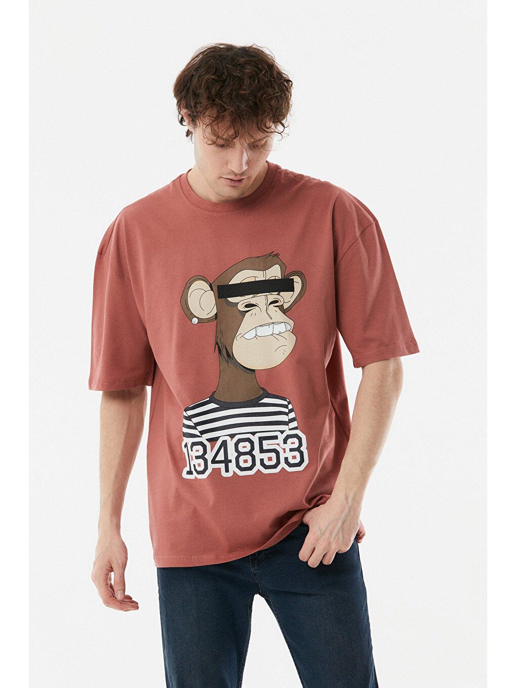 Pembe Baskılı Bisiklet Yaka Oversize Tişört-2