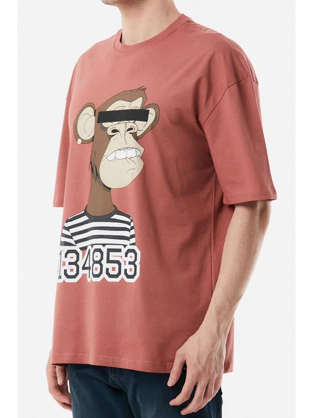 Pembe Baskılı Bisiklet Yaka Oversize Tişört-3