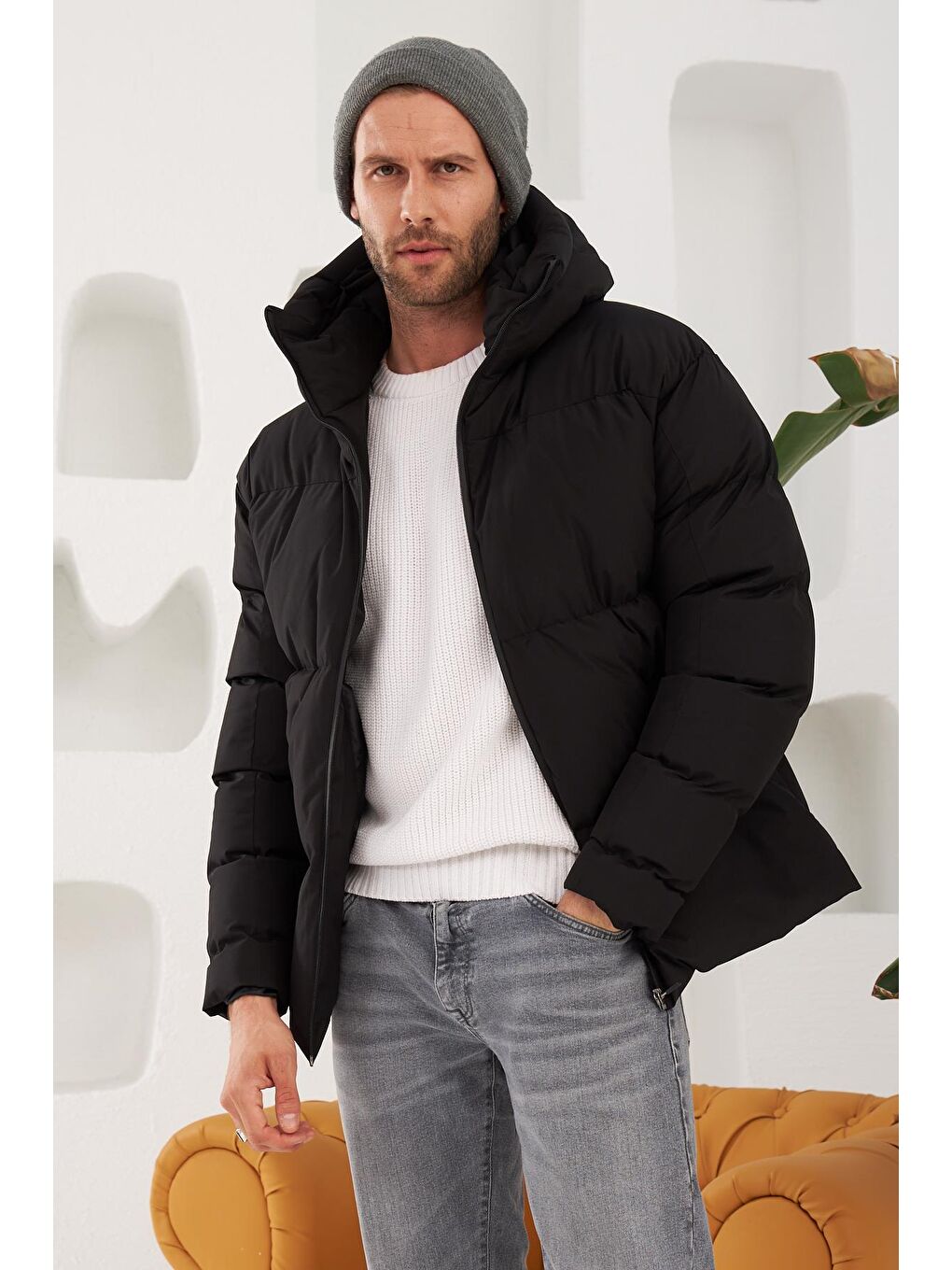 Erkek Garnili Su Ve Rüzgar Geçirmez Oversize Şişme Mont Siyah-1