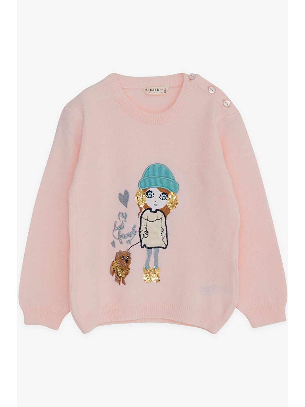 Pembe Kız Çocuk Triko Kazak Pullu Nakışlı Kız Baskılı Pudra (1.5-5 Yaş)