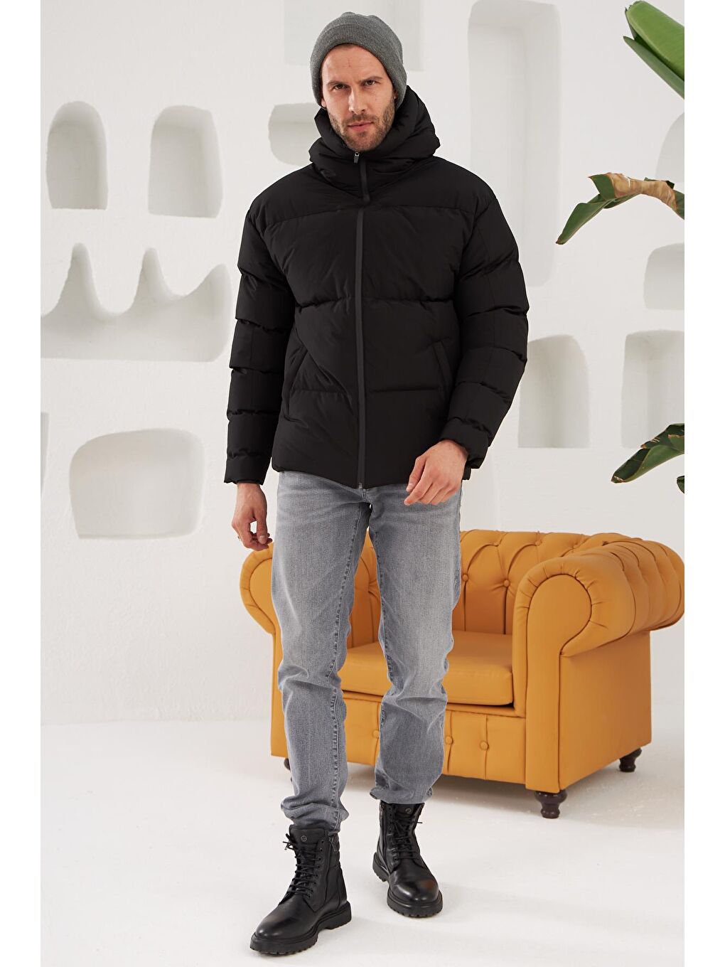 Erkek Garnili Su Ve Rüzgar Geçirmez Oversize Şişme Mont Siyah-2