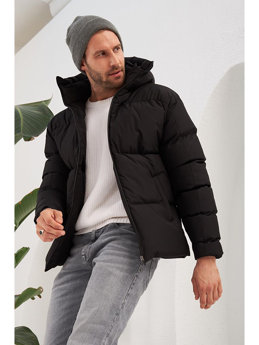 Erkek Garnili Su Ve Rüzgar Geçirmez Oversize Şişme Mont Siyah-3