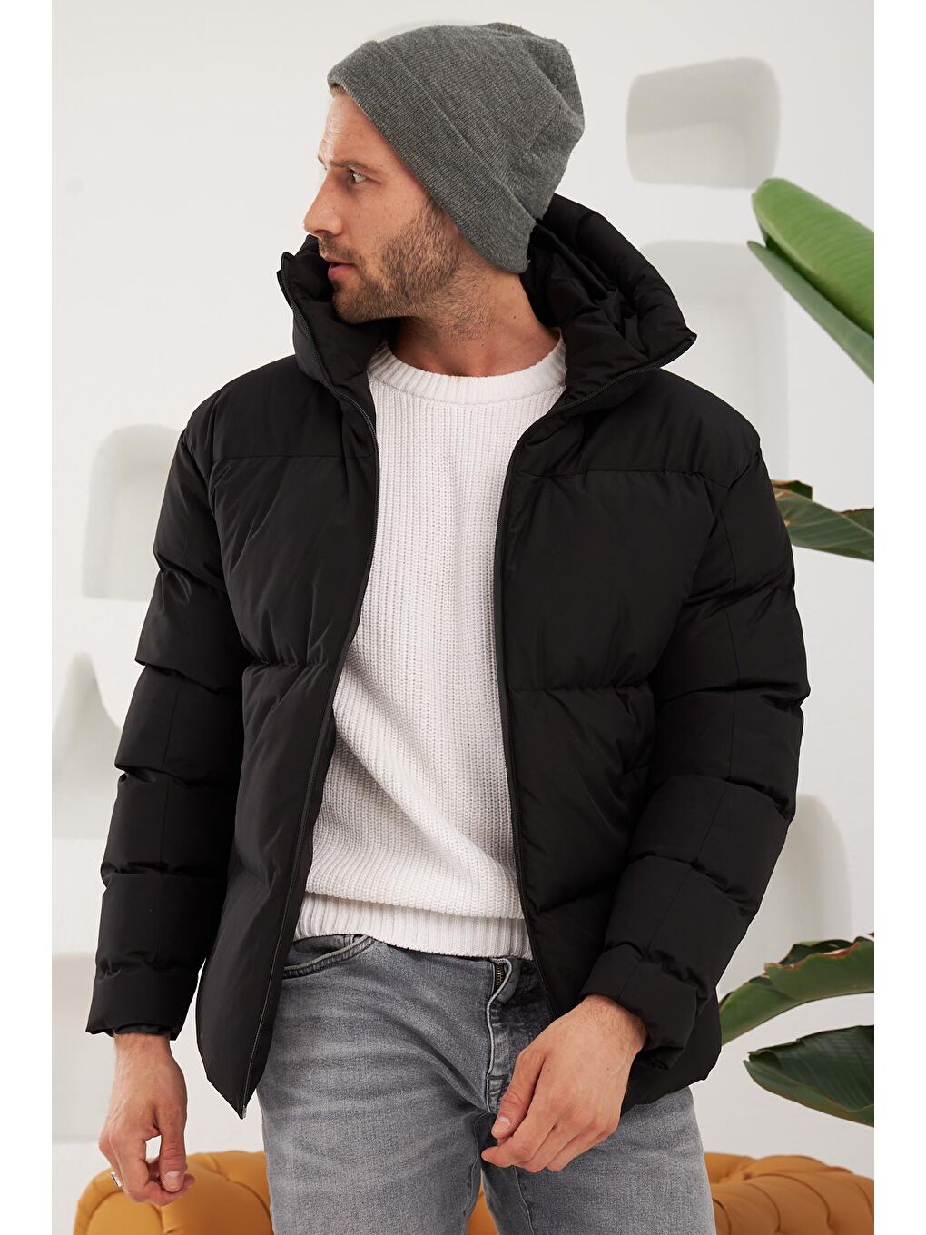 Erkek Garnili Su Ve Rüzgar Geçirmez Oversize Şişme Mont Siyah-4