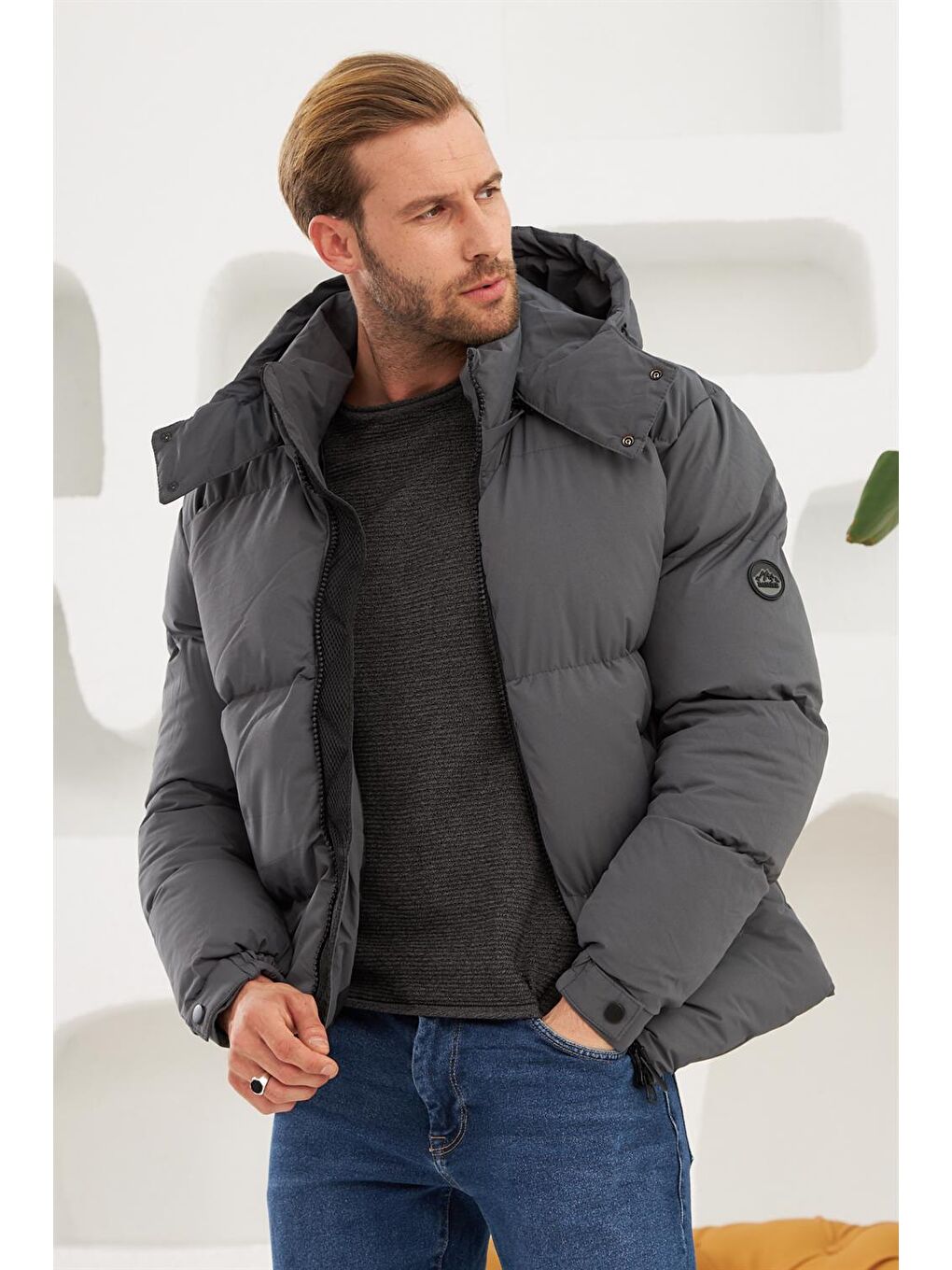 Erkek Su Geçirmez Çıkarılabilir Kapüşonlu Şişme Mont Antrasit-2