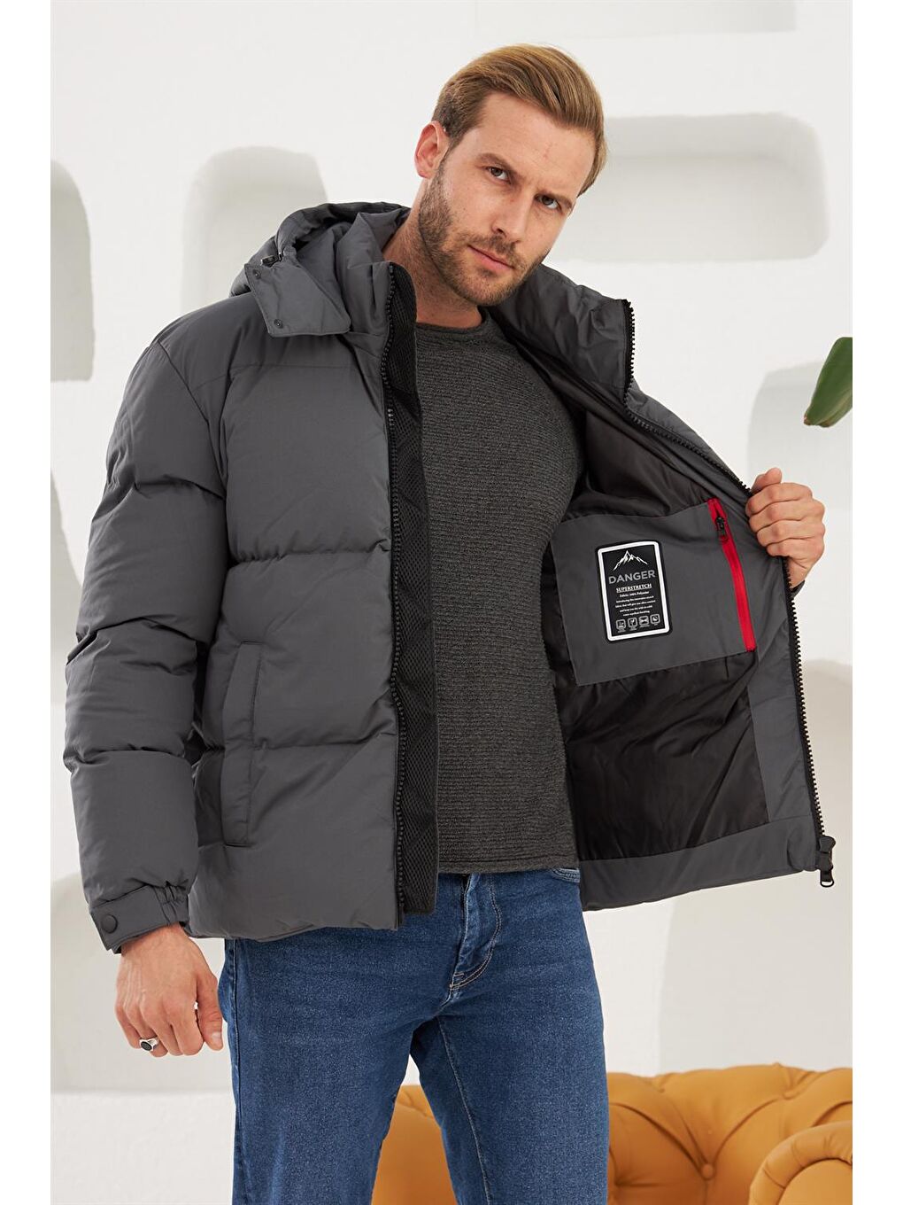 Erkek Su Geçirmez Çıkarılabilir Kapüşonlu Şişme Mont Antrasit-4