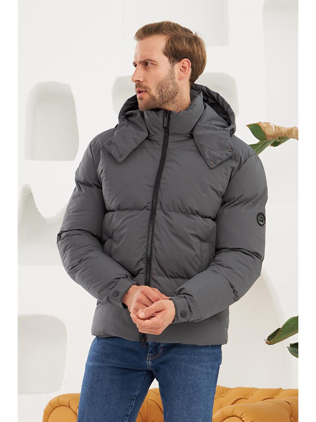 Erkek Su Geçirmez Çıkarılabilir Kapüşonlu Şişme Mont Antrasit-5