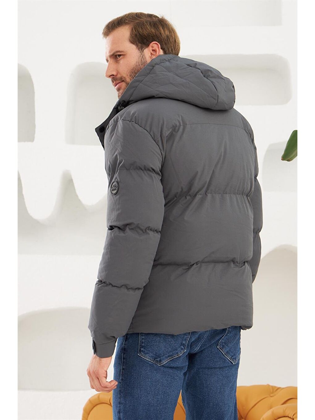 Erkek Su Geçirmez Çıkarılabilir Kapüşonlu Şişme Mont Antrasit-6