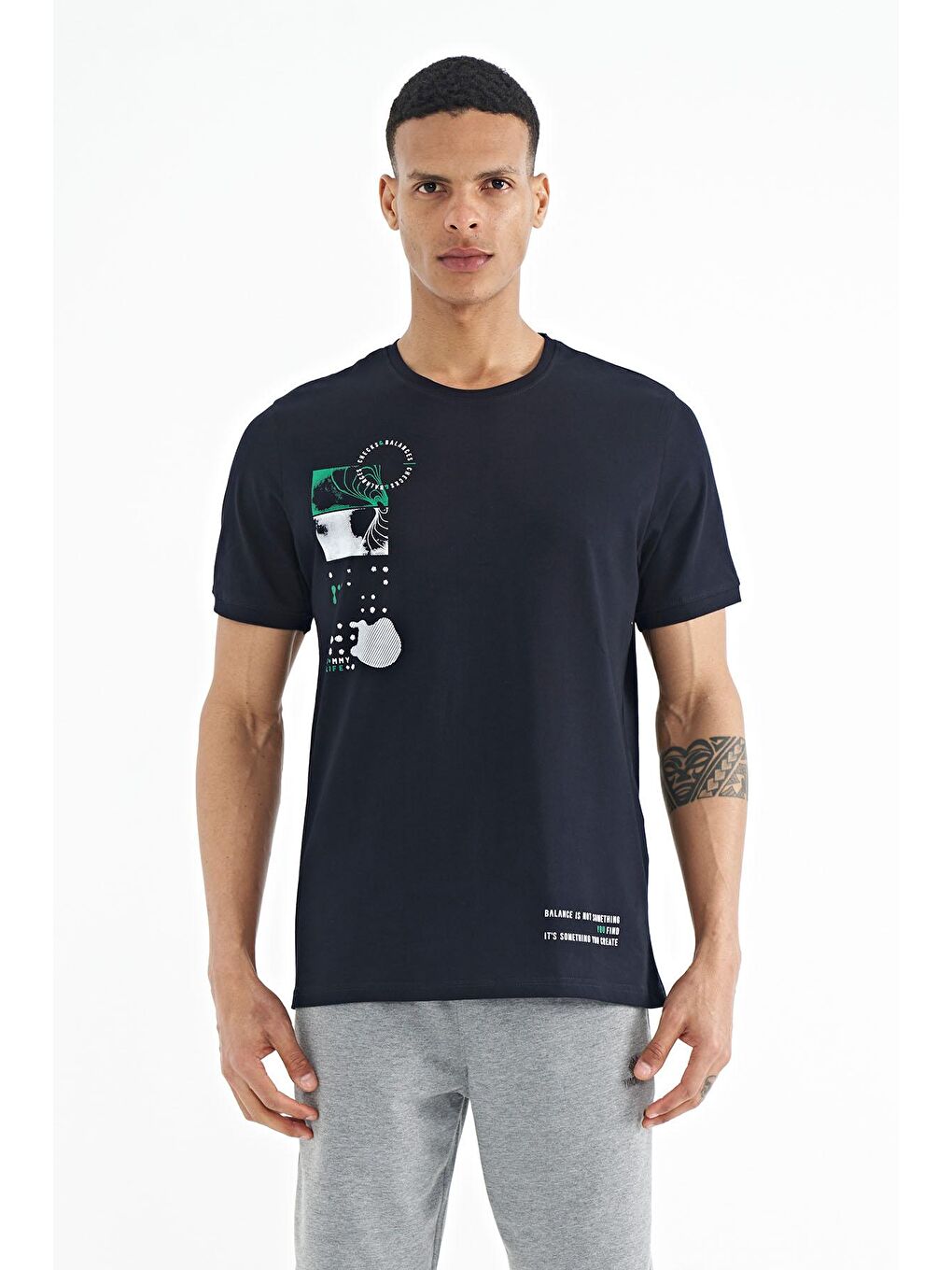 Lacivert Baskı O Yaka Detaylı Standart Form Erkek Tişört - 88216