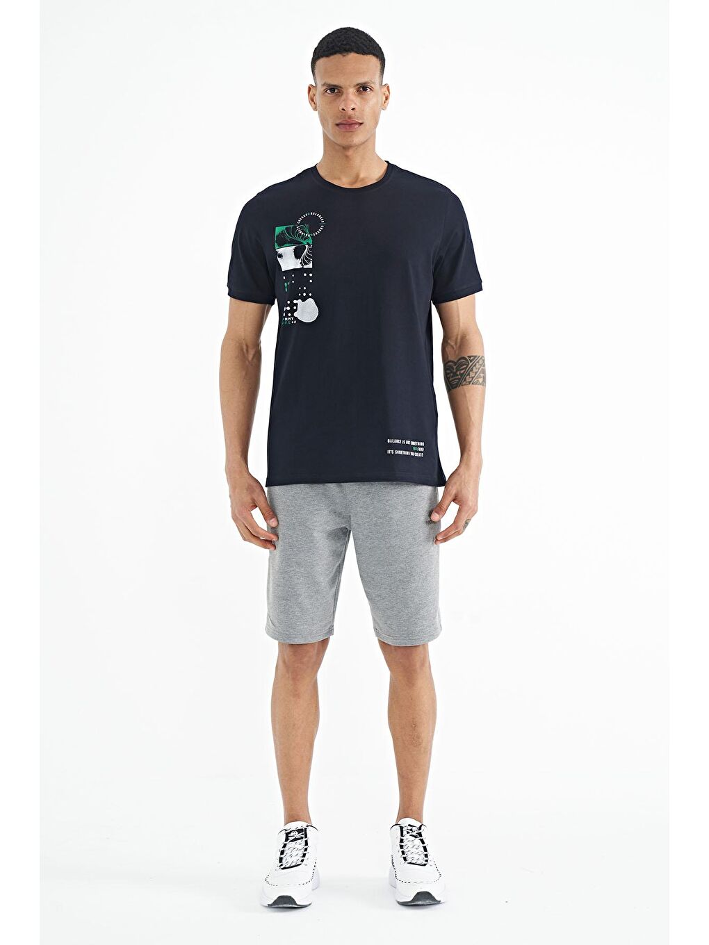 Lacivert Baskı O Yaka Detaylı Standart Form Erkek Tişört - 88216-1