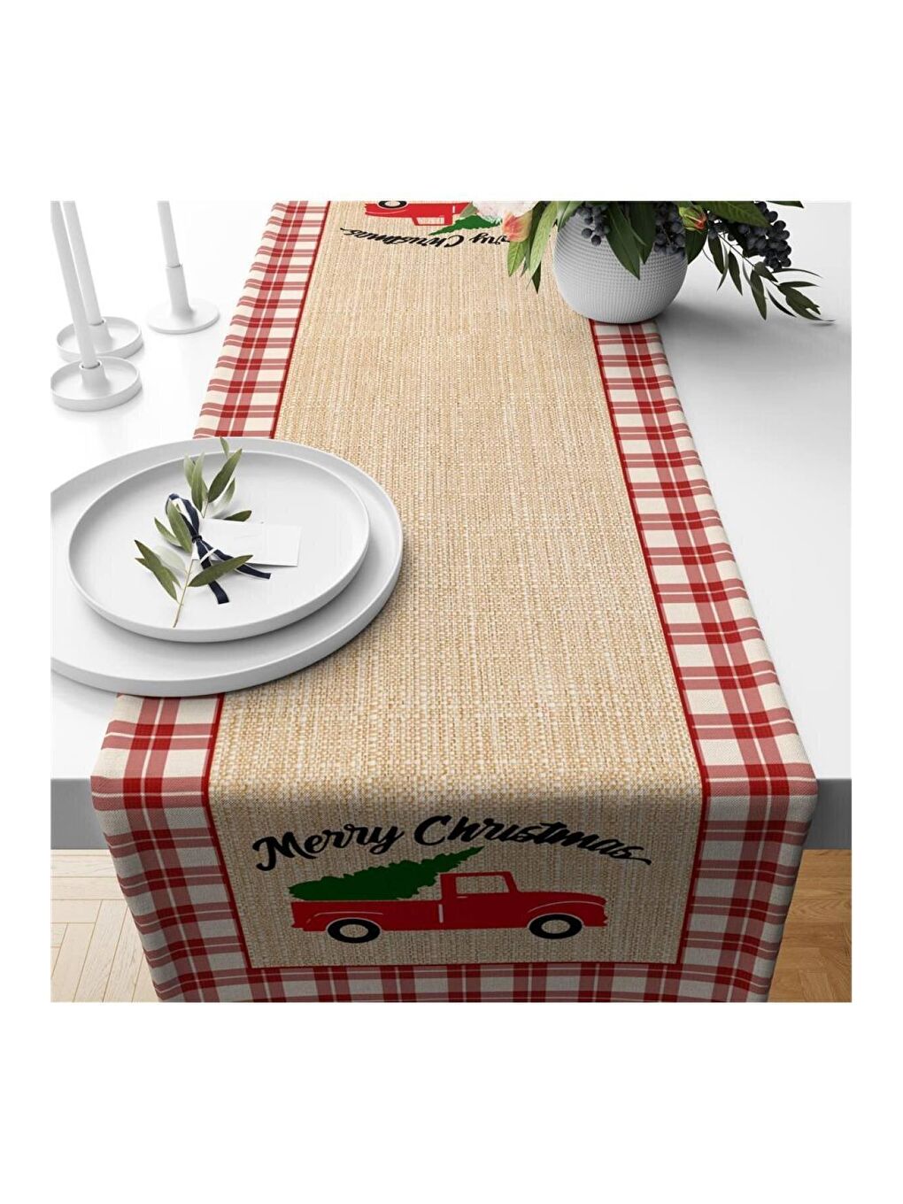 Karışık Yılbaşı Özel Araba Desenli Runner 40x140 cm