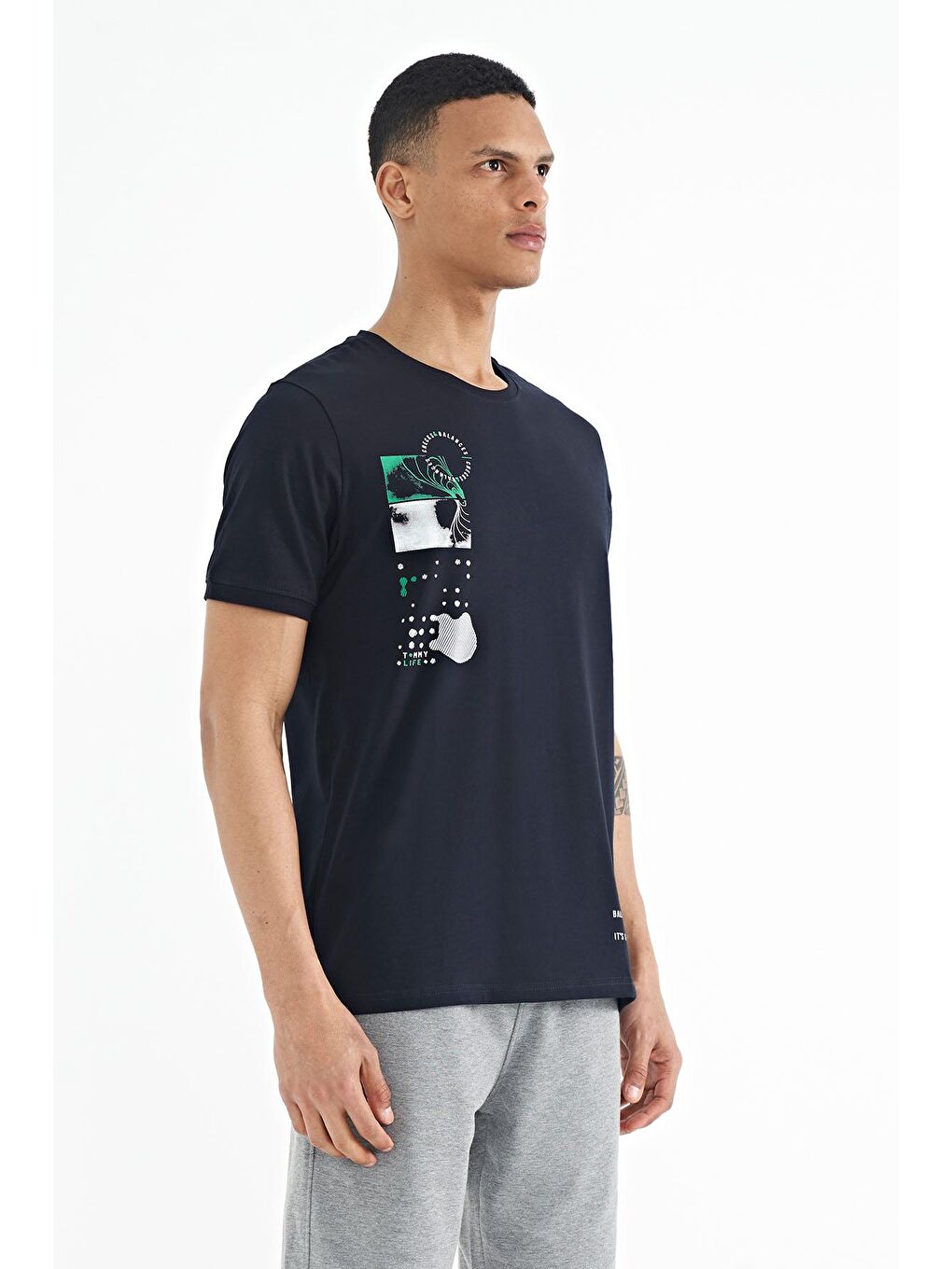 Lacivert Baskı O Yaka Detaylı Standart Form Erkek Tişört - 88216-3