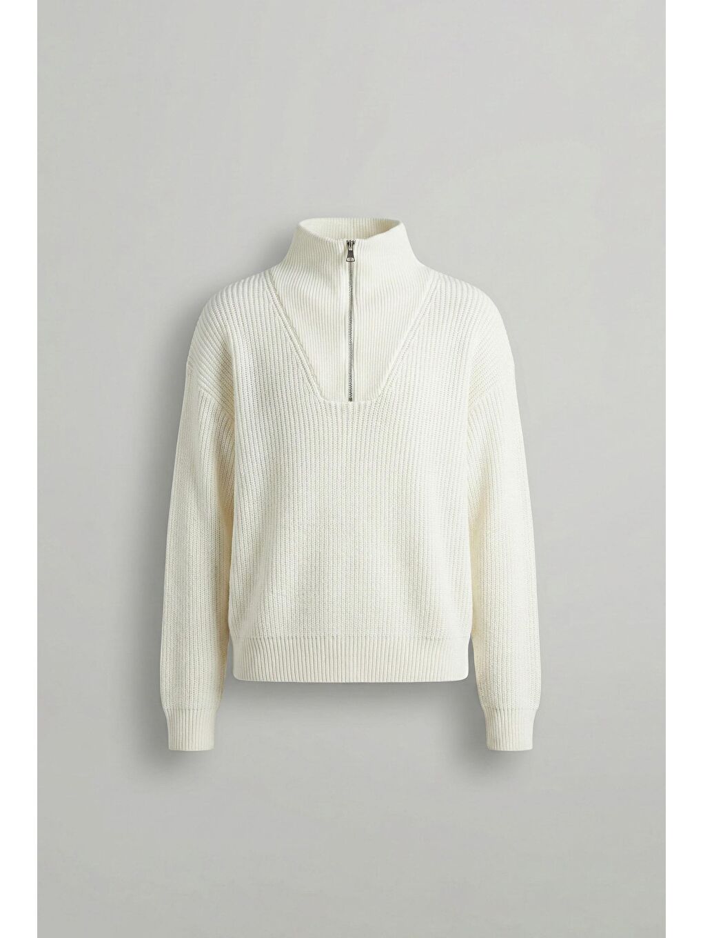 Erkek Yarım Fermuarlı Örme Kazak Ekru