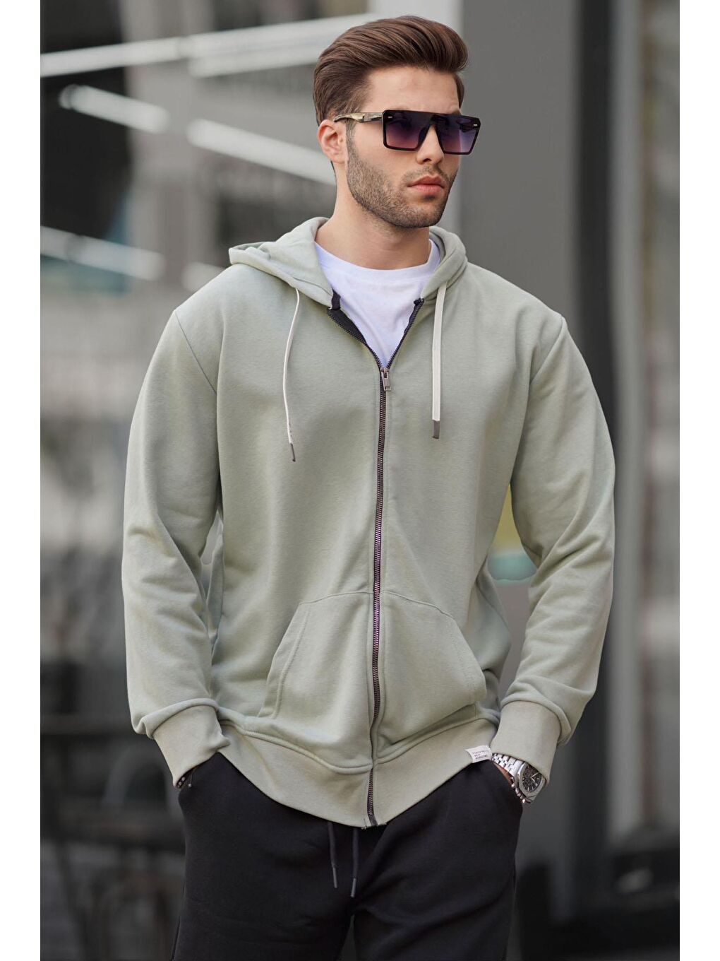 Madmext Nane Yeşili Mint Yeşili Fermuarlı Kapüşonlu Sweatshirt 6161 - 1