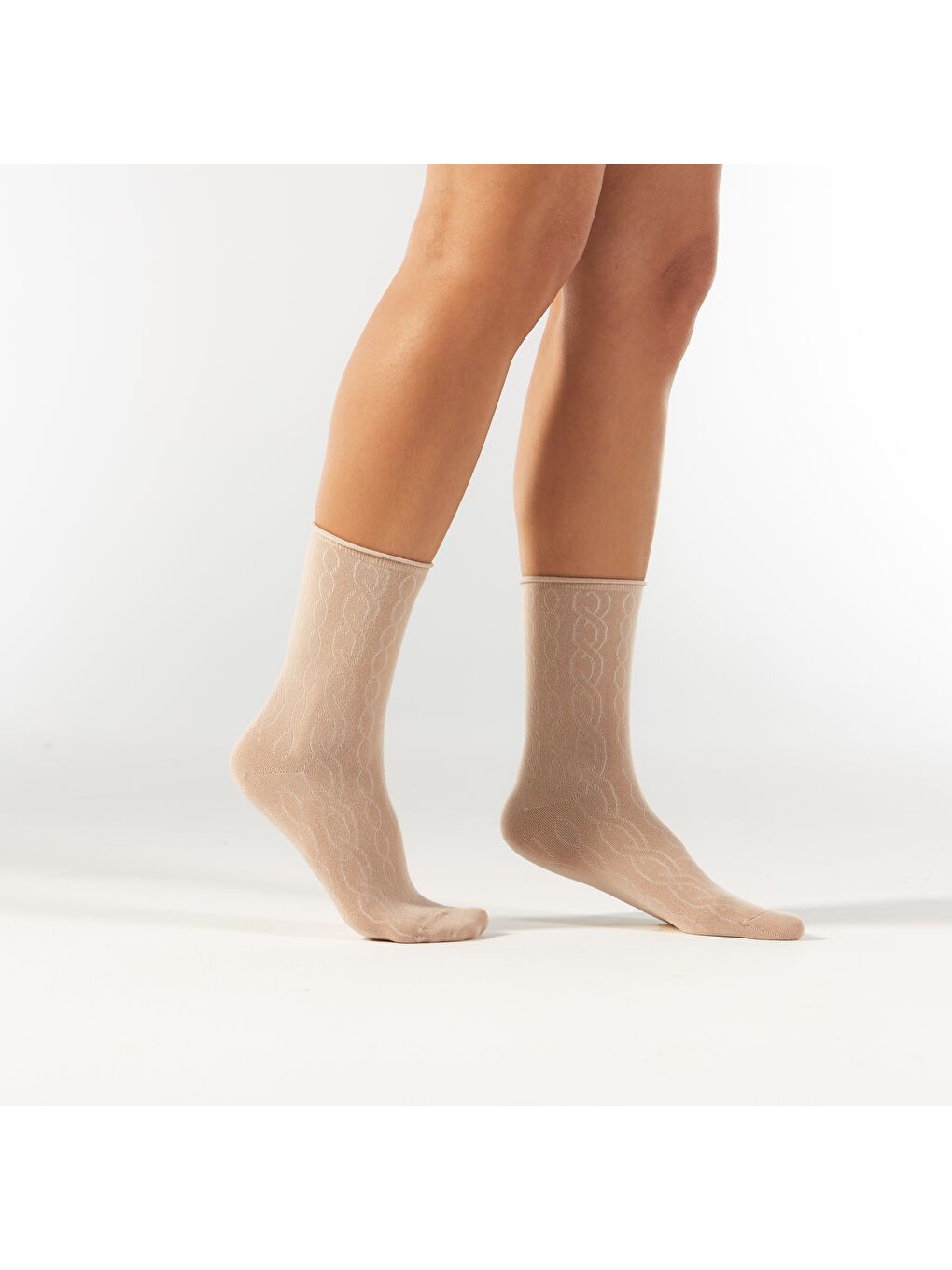 Bej Düz Zincir Desenli Modal Lastiksiz Dikişsiz Kadın Soket Çorap 36-41-1