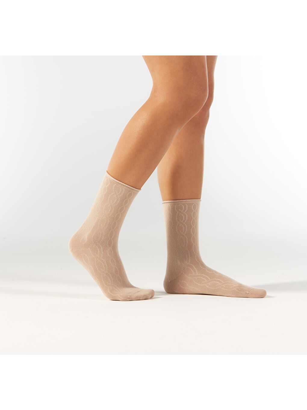 Bej Düz Zincir Desenli Modal Lastiksiz Dikişsiz Kadın Soket Çorap 36-41-2