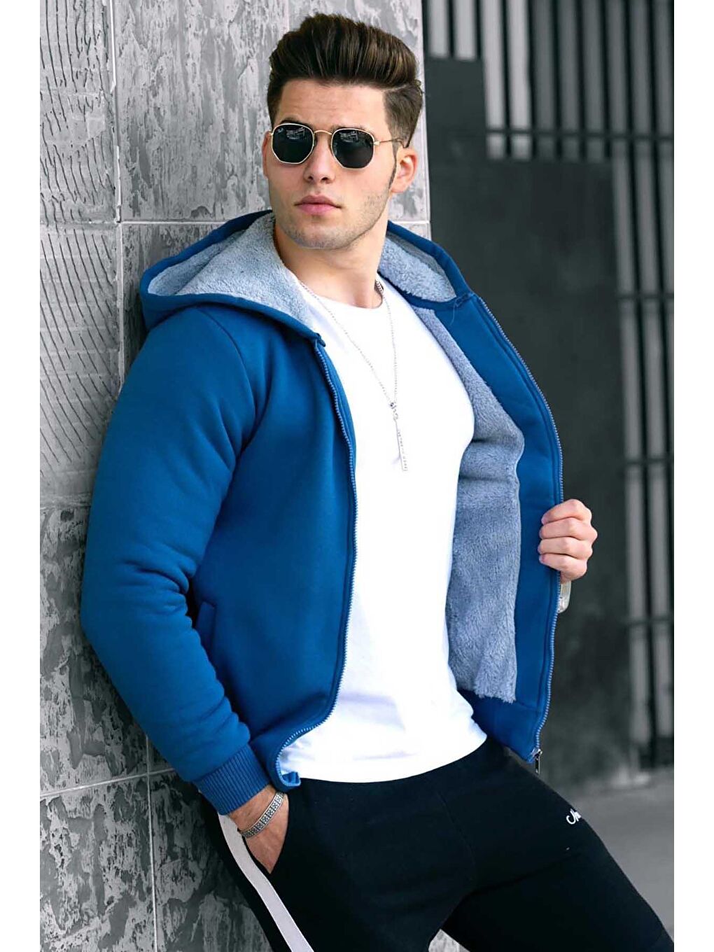 Mavi İçi Kürklü Saks Fermuarlı Sweatshirt 22377-2