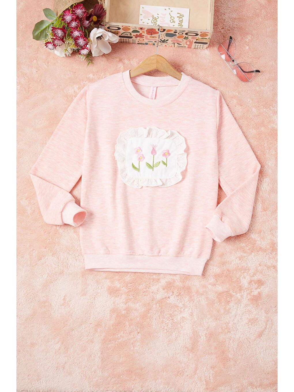 Pembe Life Kids Club Pembe Dantelli Lale Nakışlı Kız Çocuk Sweatshirt 16769