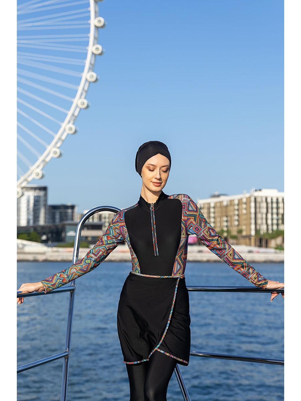 Siyah 3 Farklı Şekilde Giyilebilir Elastanlı Tesettür Mayo R127 Aybüke-2