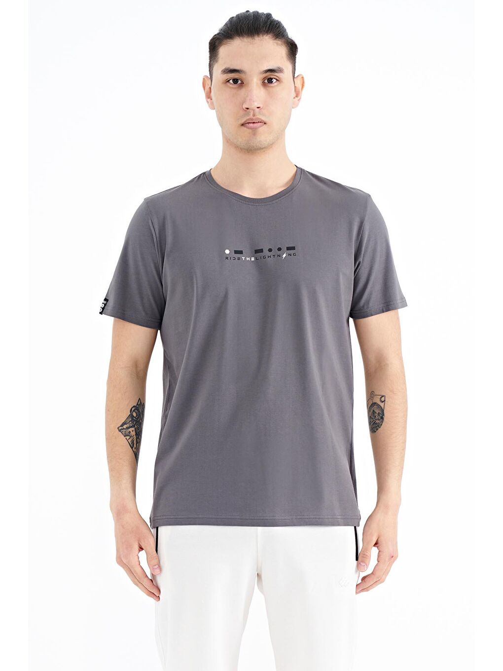 Koyu Gri Baskı Detaylı O Yaka Standart Kalıp Erkek Tişört - 88168