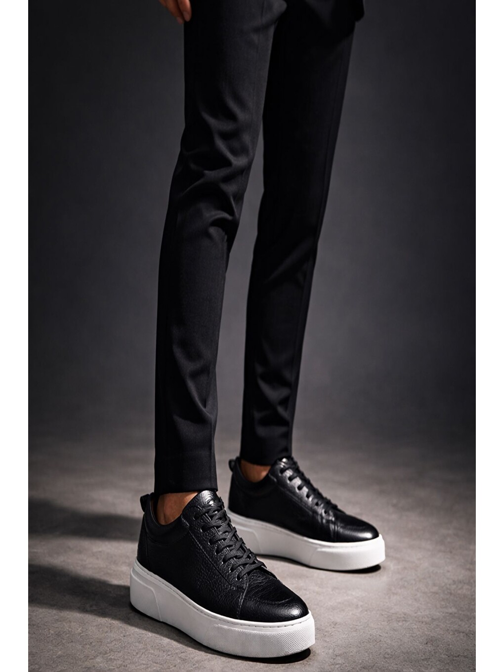 Siyah LEONS Hakiki Deri Erkek Kalın Taban Bağcıklı Günlük Casual Sneaker-5